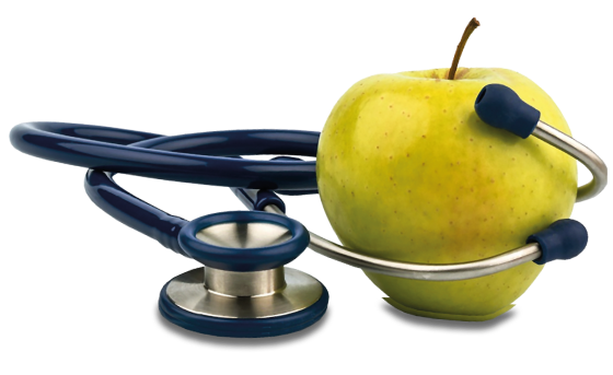 Ein grüner Apfel, umgeben von einem Stethoskop, symbolisiert Gesundheit und das Sprichwort 'An apple a day keeps the doctor away'.